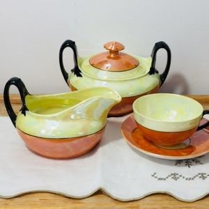 Vintage Czechoslovakian Sugar Craemer and Teacup Set Orange and Yellow Retro
